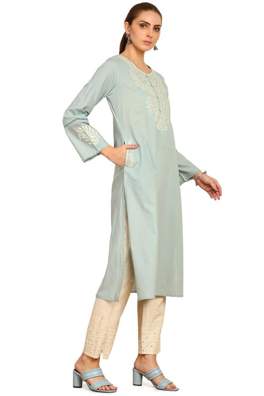 Soch Womens Powder Blue Solid with Yoke Embroidered Cotton Kurta with Lace