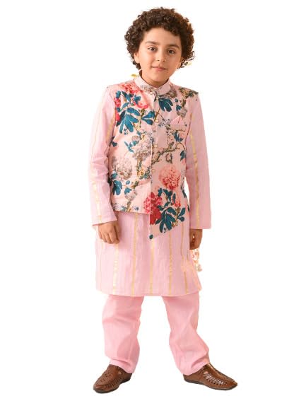 Pspeaches Boys Printed Pure Cotton Kurta With Pyjamas And Nehru Jacket