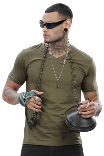 ADRO Mens V Neck Solid Cotton T-Shirt (VN-M-PLN-OL_Olive_XL)