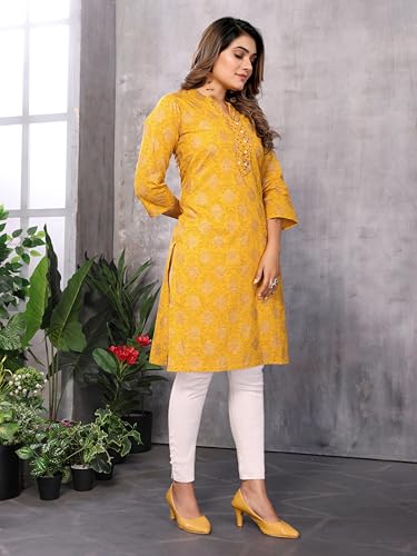 rangita Mustard Cotton Knee Length Embroidered Straight Kurti | Kurta for Women