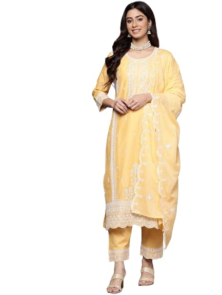 Varanga Women Yellow Chikankari Embroidered Sequins Embellished Kurta With Bottom And Dupatta