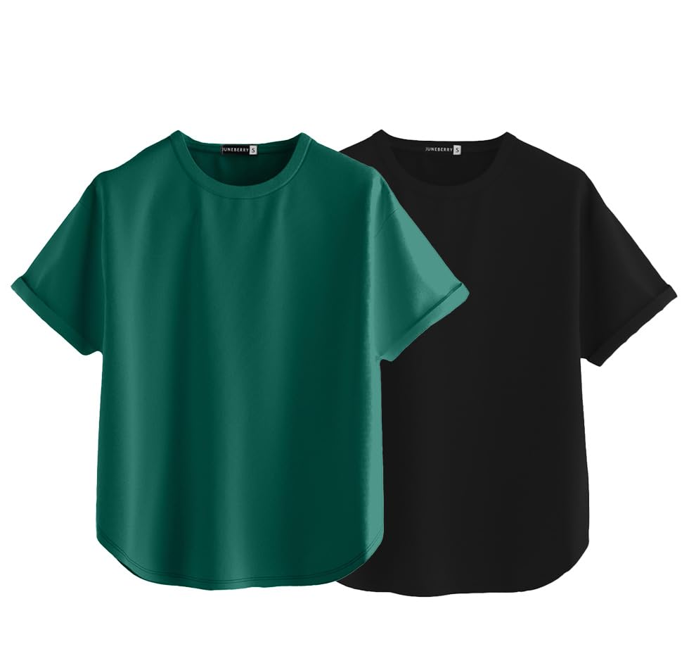 Juneberry Pure 100% Cotton Oversized Loose Baggy Fit Round Neck With Drop Shoulder Half Sleeves Boyfriend T-Shirt Combo For Wome