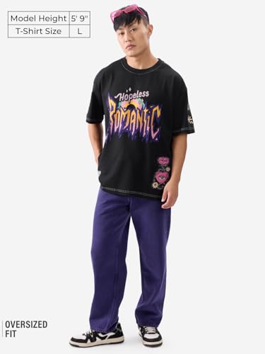 The Souled Store Hopeless Romantic Men and Boys Short Sleeves Round Neck Black Graphic Printed Cotton Oversized T-Shirts