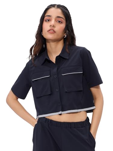 The Souled Store Solids: Classic Navy Short Sleeve Round Neck Slim Fit Cropped Tops for Women and Girls - Trendy Statement Piece