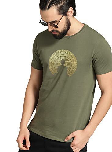 ADRO Men's Budha Gold Printed Cotton T-Shirt (RN23-GL-BUD-OL_Olive)