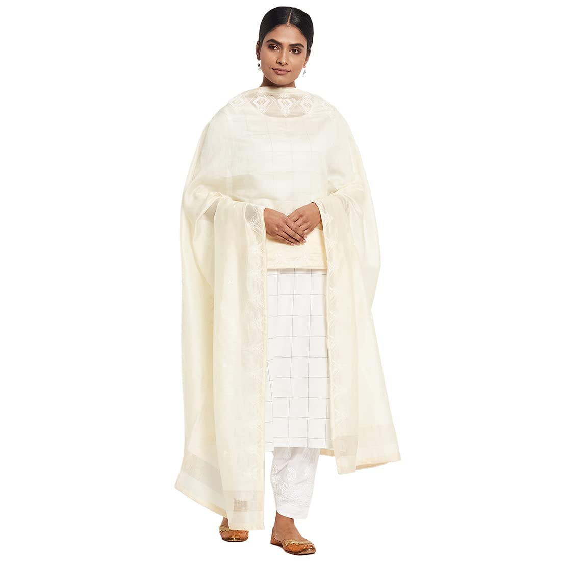Fabindia Cotton Silk Embroidered Dupatta (Off White-Free Size-10711481)