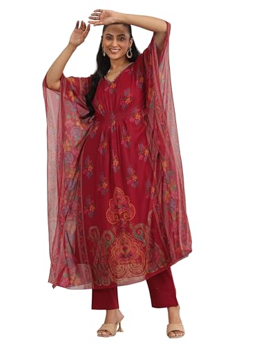 Libas WomenS Poly Chiffon Kurta Set (99116Or_Maroon