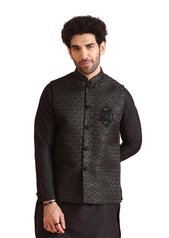 Kisah Mens Nehru Jacket|Silk Blend Fabric Jacquard Pattern Mens Ethnic Nehru Jacket Waistcoat|Regular Fit Mandarin Collar Sleeve