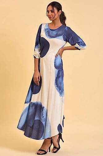 W For Woman WomenS Rayon Ecru Flared Dress With Bold Blue Prints Ankle Length 23Few18772-120813