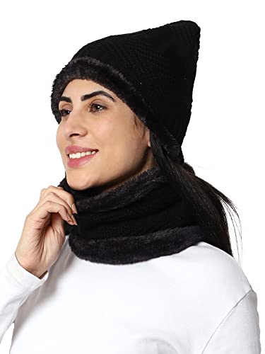 Weavers Villa Snow Proof Inside Fur Acro Wool Unisex Beanie Cap With Neck Warmer Set Knit Hat Thick Fleece Lined Winter Cap For