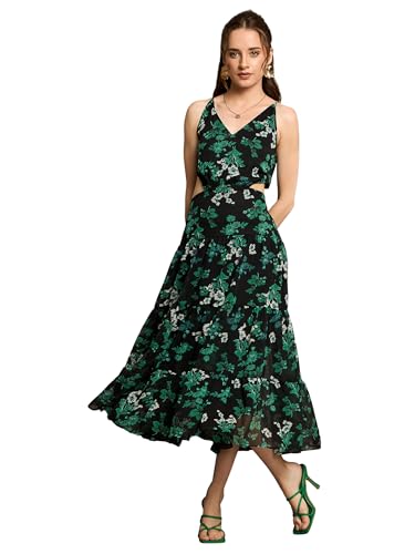 Rare WomenS Chiffon Fit And Flare Midi Dress (Ep8119_Black