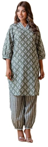 LookMark Womens Latest Printed Cotton Blend Straight Kurta and Afghani Pant Set Perfect for Casual and Office Wear (AZ-LM-P1-KS