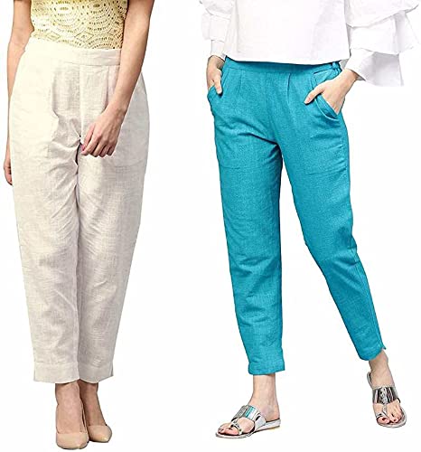 Digital Shopee Women Cotton Ankle Length Double Side Pocket Elastic Waist Regular Fit Trouser- Pack Of 2, White And Blue (Small)