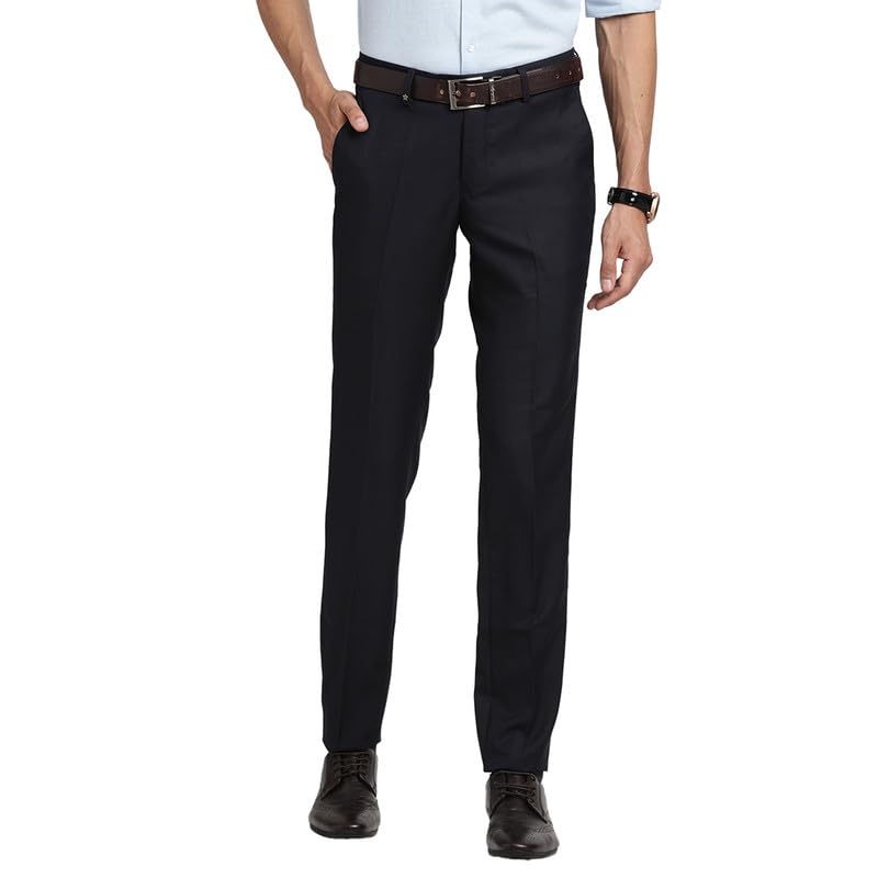 Turtle Men Poly Viscose Navy Blue Solid Slim Fit Formal Trouserss