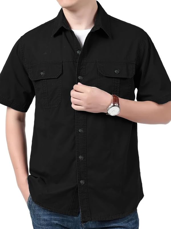 SHIENZY Mens Regular Fit Solid Printed Cotton Casual Shirt || Half Sleeve, Double Pocket || Denim Jacket Style Fashionable West