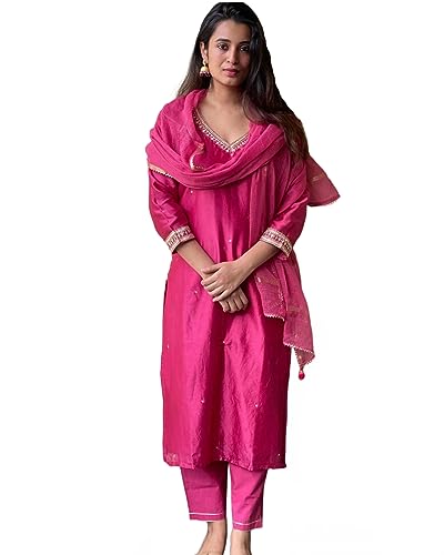 GoSriKi Womens Cotton Blend Kurta with Pant & Dupatta (BAGICHA-Rani-GS_Pink_Medium)