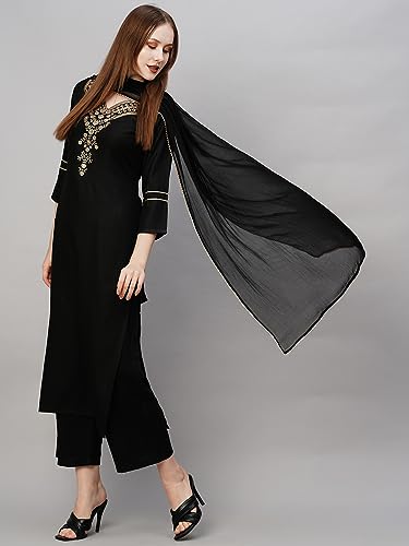 ANNI DESIGNER Women's Cotton Blend Straight Embroidered Kurta with Pant & Dupatta (Dacia Black_M_Black_Medium)