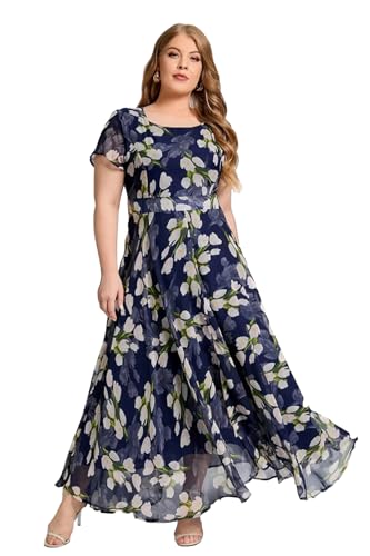 Shasmi WomenS Navy Blue Georgette Digital Floral Printed Floral Printing Short Sleeve A-Line Maxi Gown Dress For Women (Gown Dr