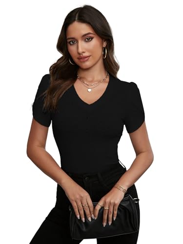 Sugathari Girls & Womens Black Eyelet Embroidery Knitted V Neck Casual Slim Fit Women T-Shirt, Short Sleeve Schiffli Crop Top,