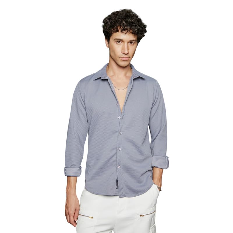 Campus Sutra Mens Coin Grey Waffle-Textured Shirt for Casual Wear | Spread Collar | Long Sleeve | Button Closure | Shirt Crafte