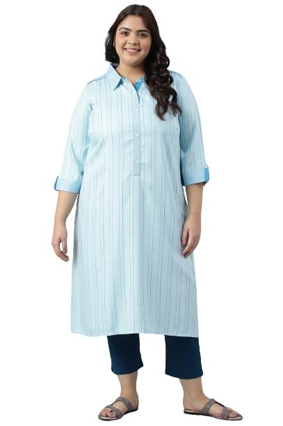 Blue Shirt Collar Stripe Print Plus Size Kurta