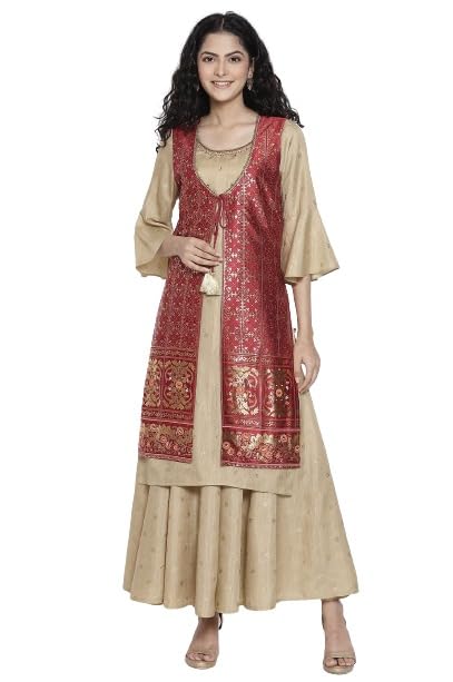 Aurelia Printed Viscose Round Neck Womens Ethnic Regular A-Line Kurta Set (A21503153005, Beige, Small)