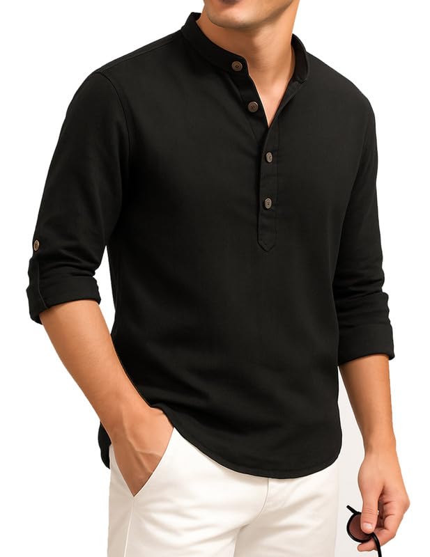 Deelmo MenS Cotton Blend Solid Regular Fit Full Sleeve Short Kurta | MenS Trendy Short Kurta Black