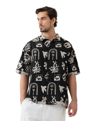 The Souled Store Monochrome Mirage Men and Boys Short Sleeves Collared Neck Button Front Black and White All Over Printed Cotton