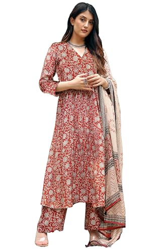 ANNI DESIGNER Womens Rayon Printed Regular Kurta with Pant & Dupatta