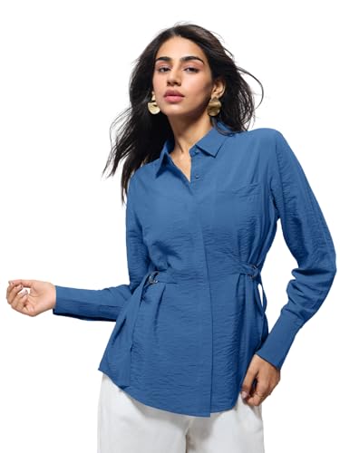 The Souled Store Buckle Shirt: Women and Girls Full Sleeves Spread Collar Solid Textured Viscose Nylon Blend Regular Fit Lightwe