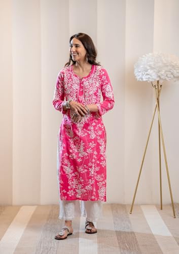 GoSriKi Ladies Cotton Blend Chikankari Embroidered Kurta Set, Size 46, Pink, Model ZAINAB