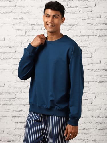 Nobero MenS Cotton Blend Crew Neck Sweatshirt (1M-Twss-R0005_Navy Blue
