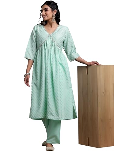 Libas Womens Woven Design Silk Blend A-Line Kurta With Trousers