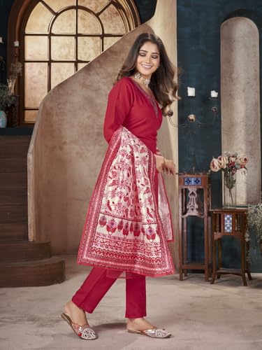Stylum WomenS Red Solid & Embroidered Silk Straight Kurta Pant Dupatta Set