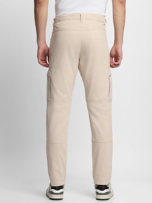 Dennis Lingo Mens Solid Cotton Lycra Mid Rise Slim Fit Cargo Trousers Cream