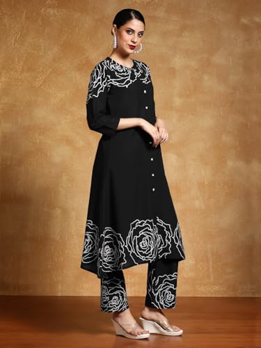 Varanga Women-Bold Floral Placement Printed Flared Kurta With Trouser Black