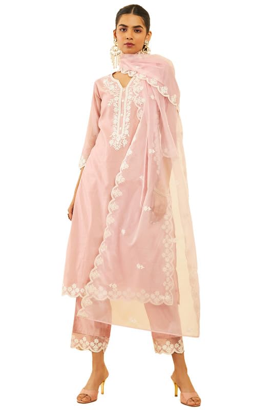Soch Womens Blush Pink Chanderi Embroidered Suit Set With Scalping