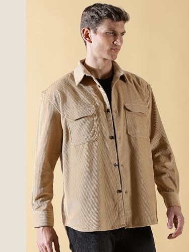 Thomas Scott Mens | Full Sleeve | Corduroy | Double Pockets | Relaxed Fit | 100% Cotton | Spread Collar | Casual | Shirts (Beige