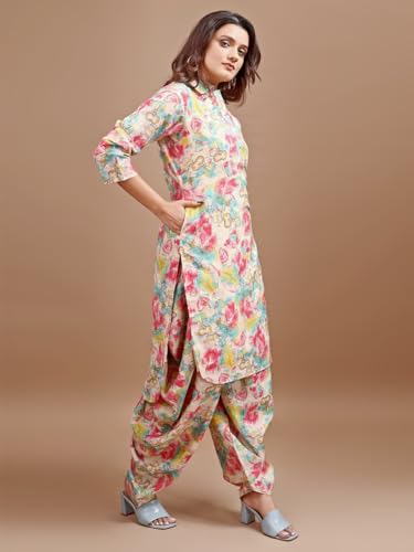 Womanista Women's Silk Blend Foil Printed Poet Sleeve Tunic With Dhoti Pant Co-Ord Set (Co-Ords_9110)