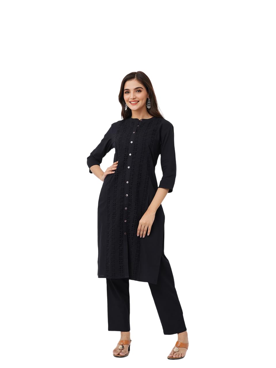 Ishin Black Cotton Schiffli Straight Kurta With Solid Pants