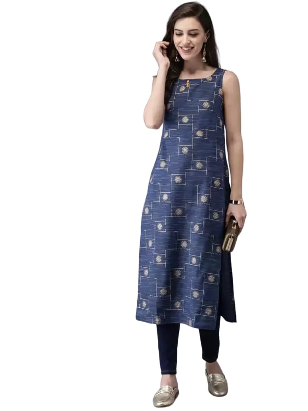 Patlani WomenS Cotton Blened Sleeveless Printed Full Stitched Kurti.(K-199) Blue