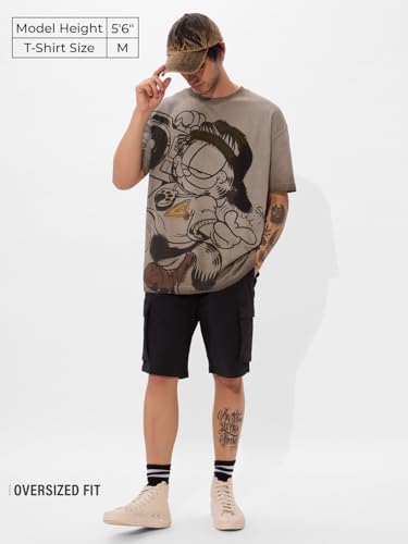 The Souled Store Garfield: Beat It Men And Boys Short Sleeves Round Neck Grey Puff Printed Cotton Oversized T-Shirts