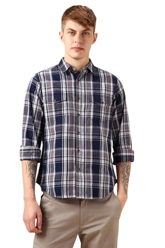 Dennis Lingo Men Navy Blue 100% Cotton Full Sleeve Spread Collar Checks Shirts_Dlmshjas24017_Nv