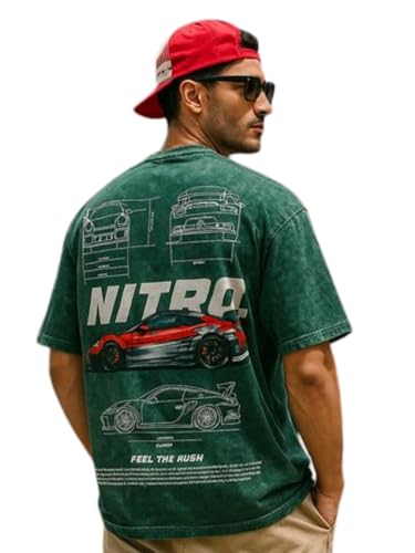 Veirdo Mens Graphic Print Oversized Fit Short Sleeve Round Neck Cotton Acid Wash T-Shirt in Colors with Sizes