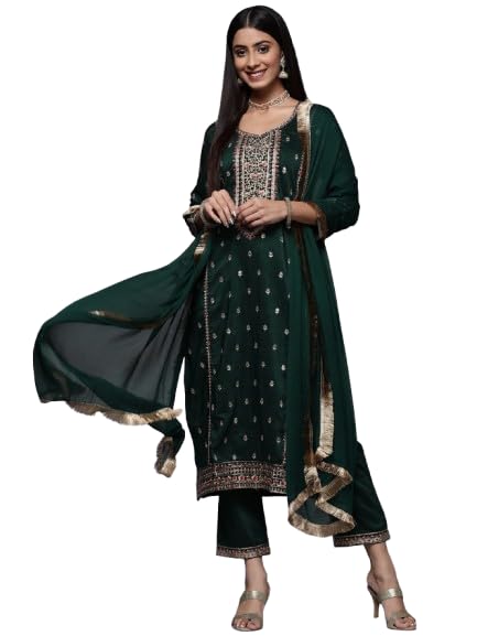 Varanga Green Embroidered Kurta Paired With Tonal Bottom And Dupatta