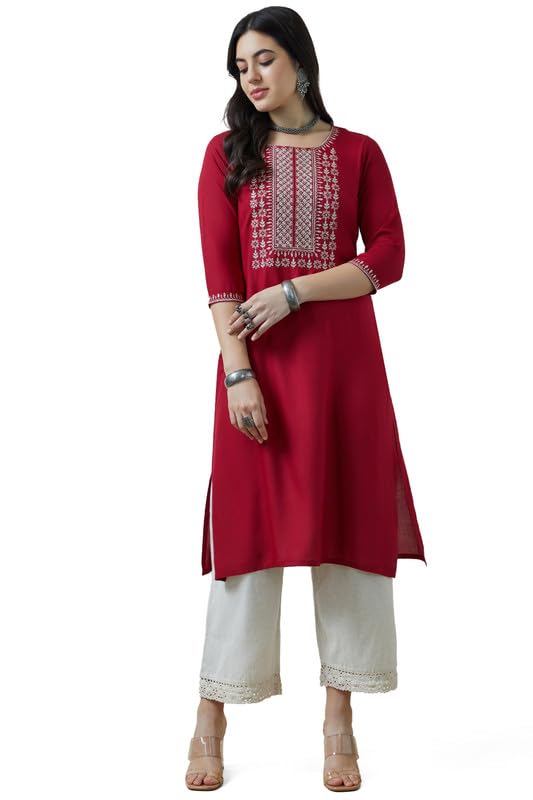 Soch Womens Maroon Rayon Zari Embroidered Kurta