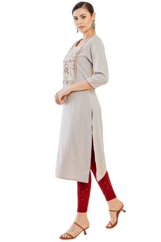 Soch Womens Grey Rayon Embroidered Straight Kurta with Floral Designs and Piping
