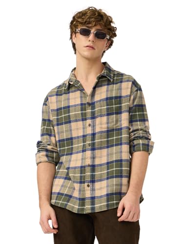 The Souled Store Plaid Shirt: Mustard Men And Boys Long Sleeves Collared Neck Button Front Regular Fit Cotton Utility Shirts