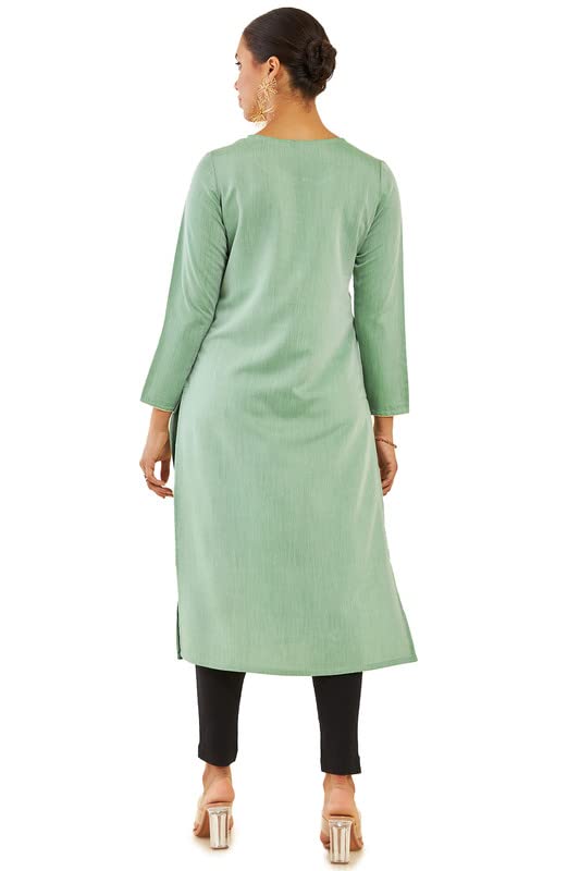 Soch Women Green Rayon Floral Embroidered Kurta with Cutwork and Mirror Embellishment