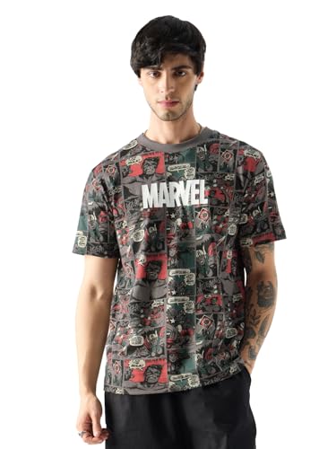 The Souled Store Official Marvel: Comic Nerd Men And Boys Short Sleeves Round Neck Grey All Over Printed Cotton T-Shirts